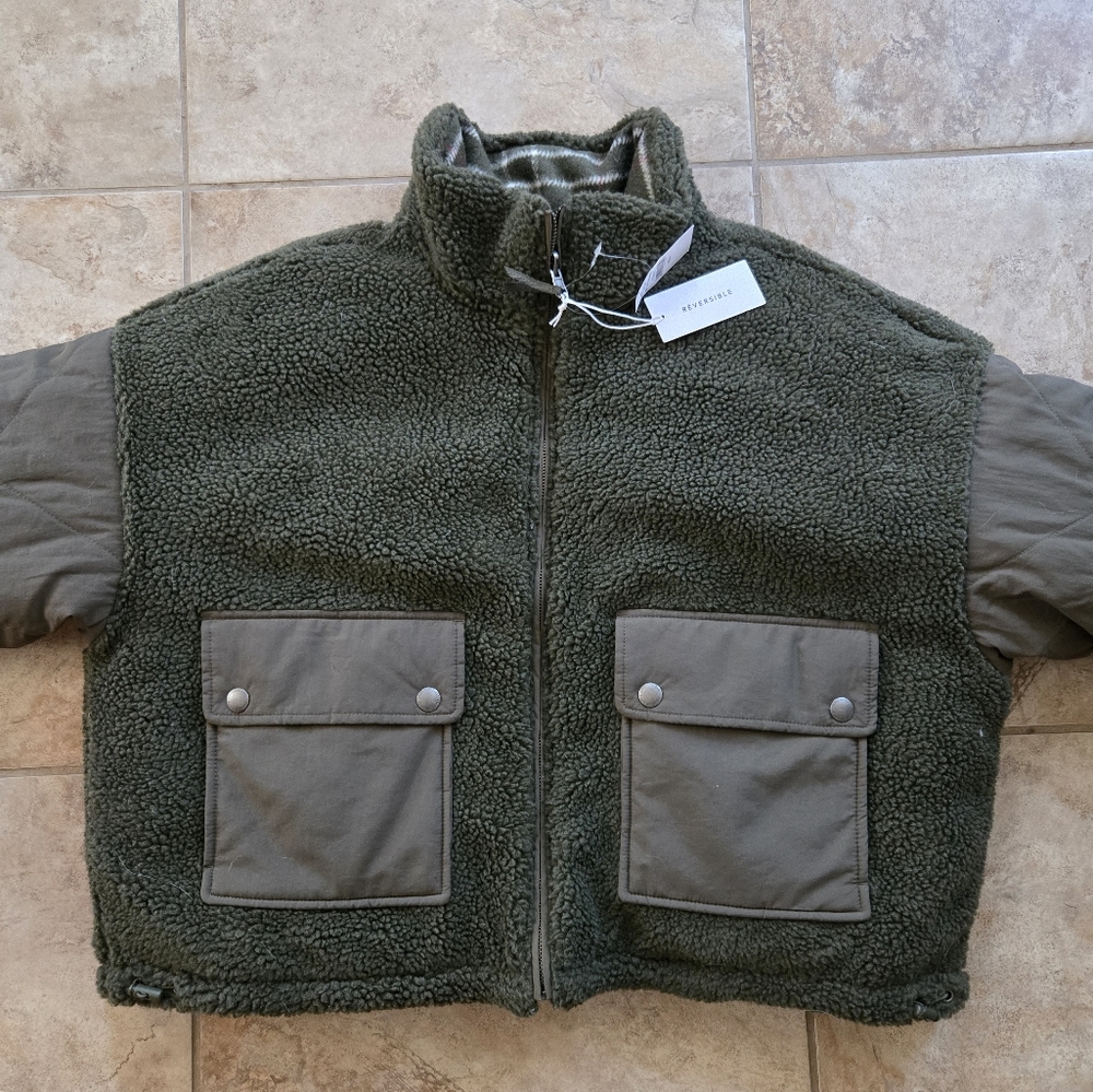 American Eagle Outfitters Olive Green Teddy Sherpa Jacket